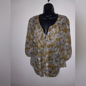 Elle Gray and yellow ruffle front floral blouse